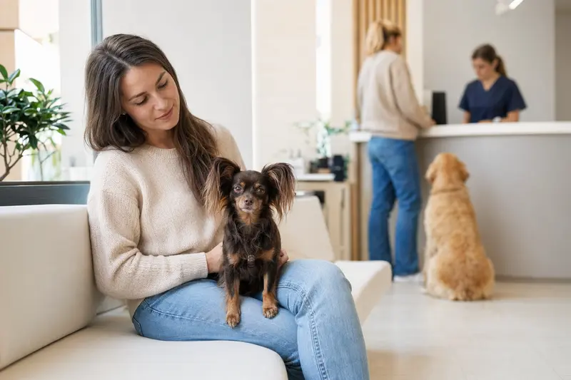 Ein Moskauer Langhaariger Toy Terrier sitzt ruhig neben seinem Besitzer im hellen Wartezimmer einer modernen Tierarztpraxis.